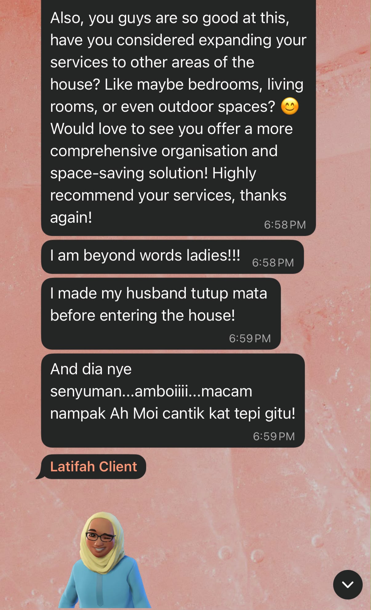 WhatsApp message: 'I am beyond words ladies!!! I made my husband tutup mata before entering the house'