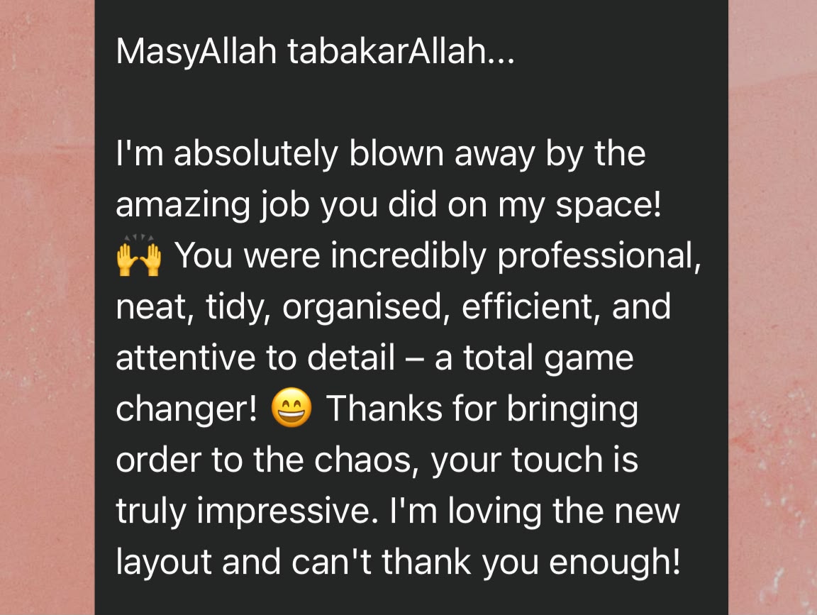 WhatsApp message: 'Absolutely blown away — professional, neat, tidy, organised, a total game changer'