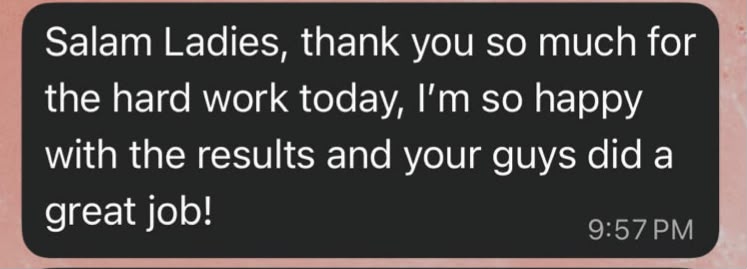 WhatsApp message: 'Thank you so much for the hard work today, so happy with the results'