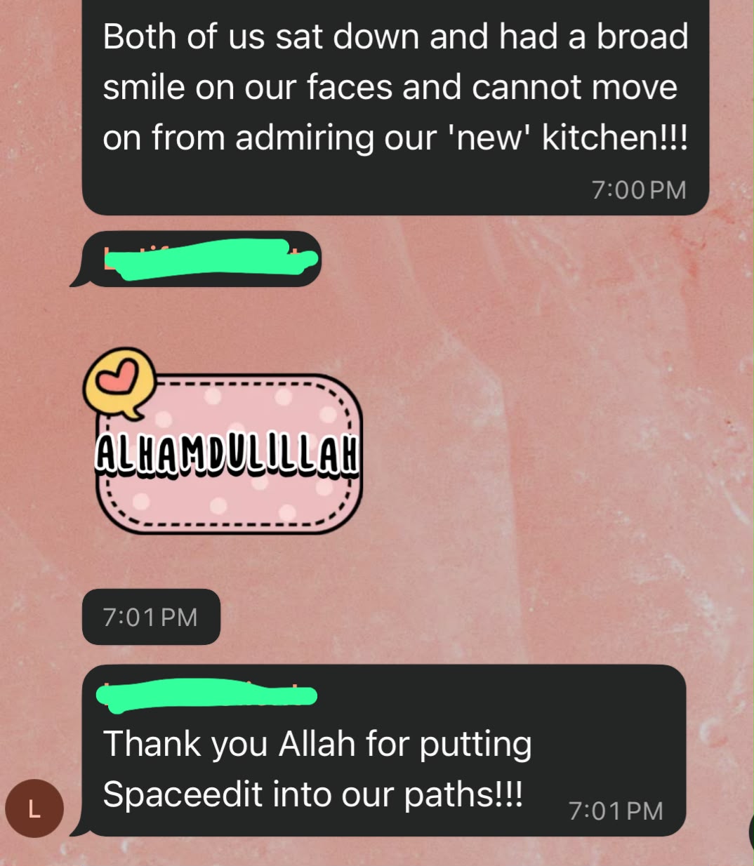 WhatsApp message: 'Cannot move on from admiring our new kitchen. Thank you Allah for putting Spaceedit into our paths'
