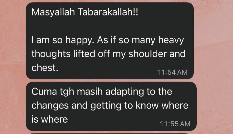WhatsApp message: 'So many heavy thoughts lifted off my shoulder and chest'