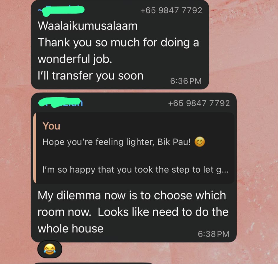 WhatsApp message: 'My dilemma now is to choose which room. Looks like need to do the whole house'