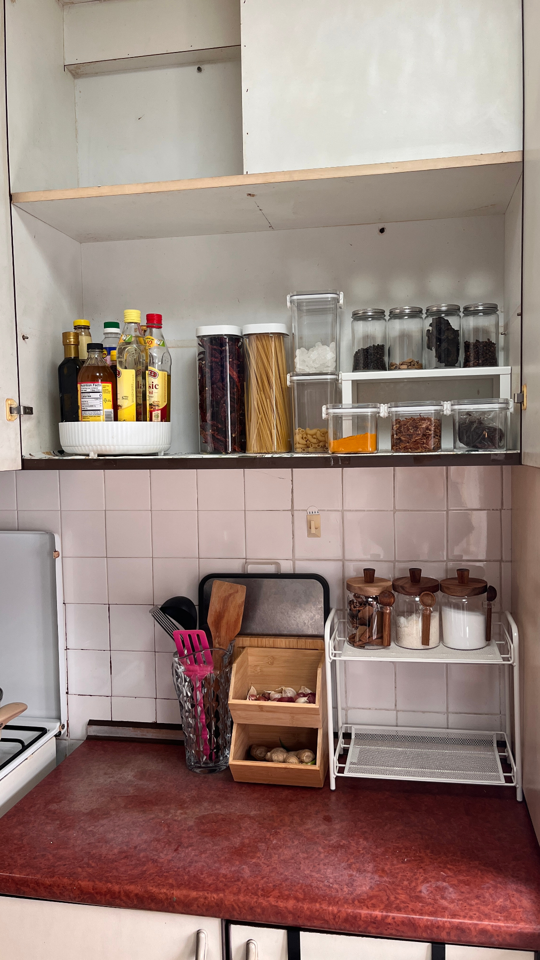 The same kitchen shelf, neatly organised after The Space Edit
