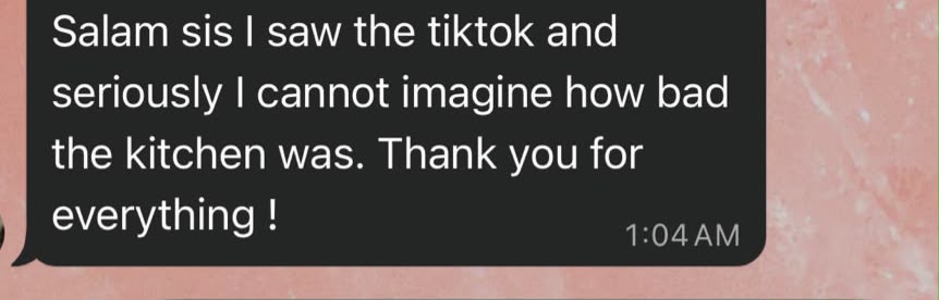 WhatsApp message: 'I cannot imagine how bad the kitchen was. Thank you for everything'