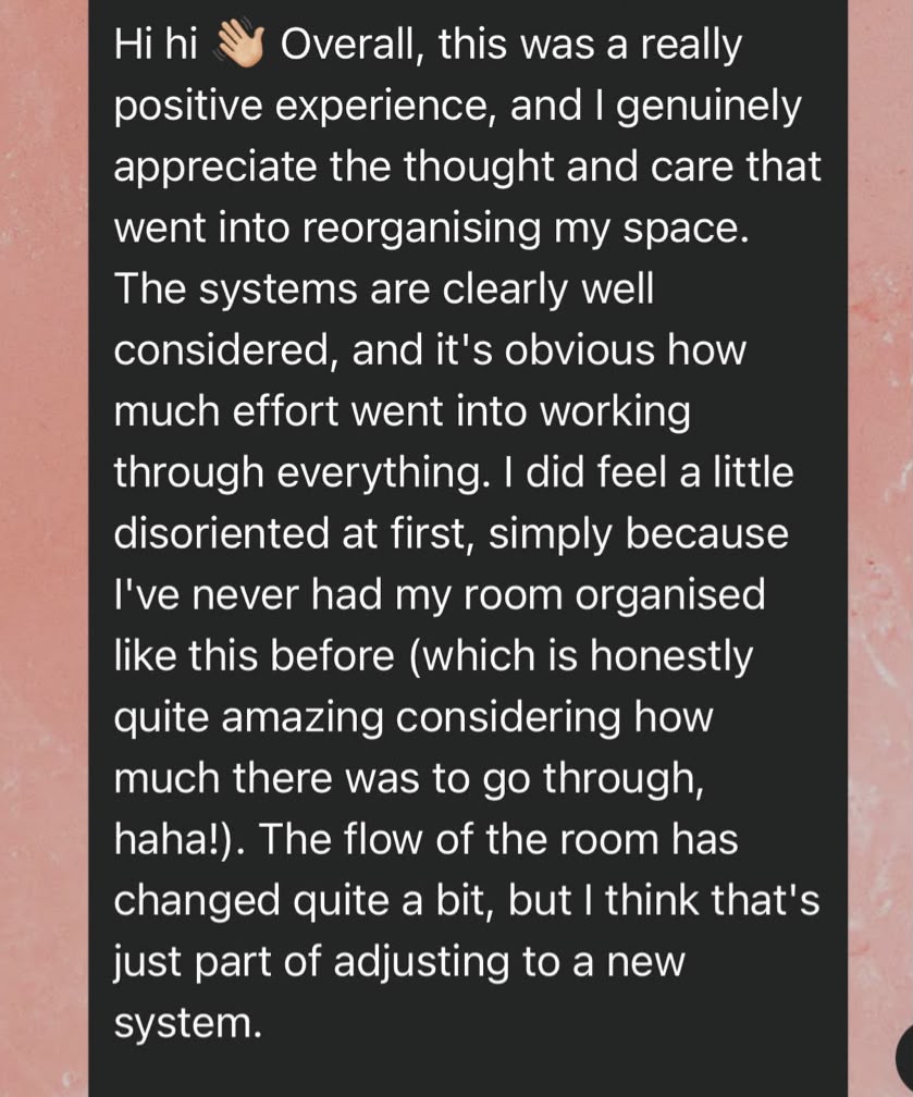 WhatsApp message: 'Overall, this was a really positive experience — the systems are clearly well considered'
